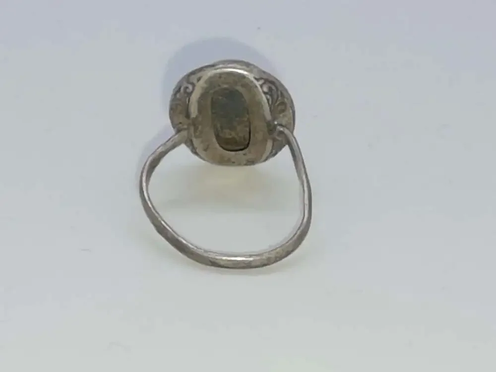 Vintage Sterling Silver Oval Mother of Pearl and Marcasite Halo Ring